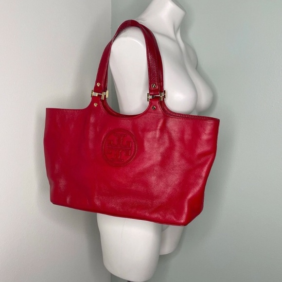 Tory Burch Bombe Tote Bag Glazed Leather Shoulder Bag Red Handbag Purse - Picture 16 of 16